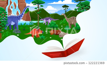 Opened kids book with prehistoric dinosaurs near waterfall landscape, vector poster. Cartoon Jurassic dinosaurs, reptiles and lizards with opened book for kids dino park, museum or encyclopedia atlas 122221369