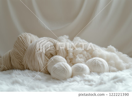 Soft white yarn and fluffy fibers arranged on a textured surface with warm lighting 122221390