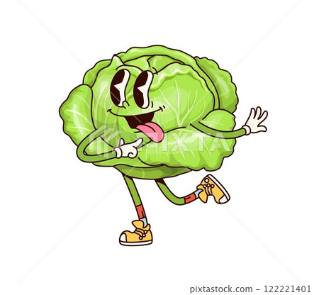 Groovy cabbage vegetable character. Cartoon vector cheerful, playful and quirky cabbage with a happy expression, wearing colorful sneakers and sticking its tongue, exudes a fun, healthy and retro vibe 122221401