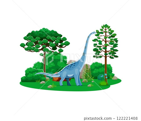 Cartoon Titanosauria dinosaur cute character. Prehistoric reptile comical vector mascot, paleontology lizard or Jurassic era animal funny character. Titanosauria dinosaur cute personage in pine forest 122221408