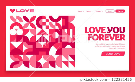 Valentine day landing page template with geometric shapes, vector web background. Valentine day love holiday landing page layout with UI menu buttons for website template on Valentine day greeting 122221436