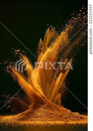 Bright yellow spice powder erupts in a vibrant display against a dark background 122221437