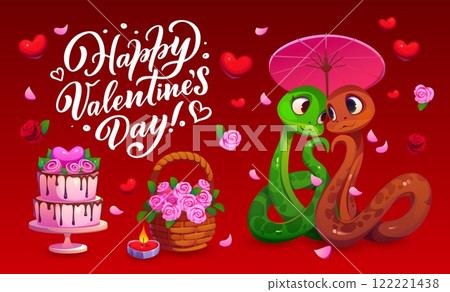Happy Valentine Day greeting card for love holiday with snakes couple, vector banner. Funny snakes in love under umbrella with wedding cake and roses flowers basket for Valentine day greeting card 122221438