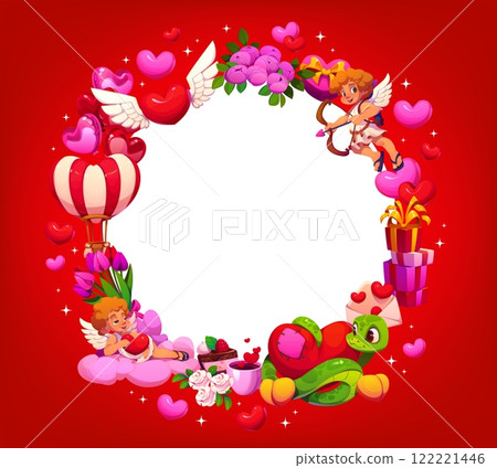 Valentines day frame banner with playful cherubs, cute cartoon snake holding a heart, gifts, balloons, roses and desserts on bold red background, adorned with festive elements for romantic celebration 122221446