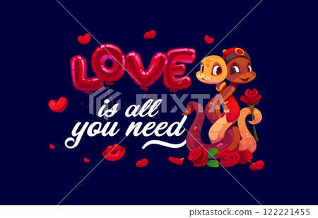 Love is all you need valentines day quote phrase. Vector two adorable romantic snakes entwined, holding a rose, with red balloon letters, surrounded by hearts, roses, petals, convey love and affection Love is all you need valentines day quote phrase. Vector two adorable romantic snakes entwined, holding a rose, with red balloon letters, surrounded by hearts, roses, petals, convey love and affection 122221455
