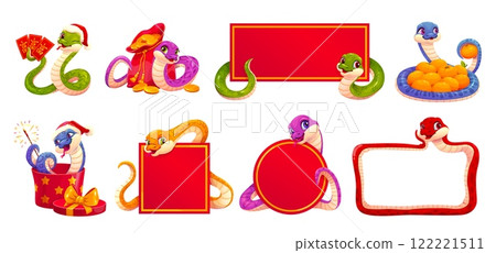 Chinese new lunar year funny cute snake characters with banners and festive decorations. Vector reptiles with red money envelopes, mandarin fruits, gold coins gifts, sparklers and frames for Cny Chinese new lunar year funny cute snake characters with banners and festive decorations. Vector reptiles with red money envelopes, mandarin fruits, gold coins gifts, sparklers and frames for Cny 122221511