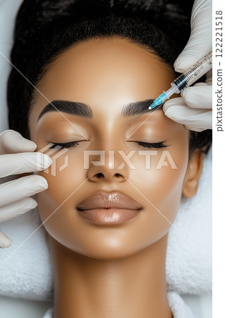Eyebrow enhancement treatment at a beauty salon featuring a tranquil client 122221518