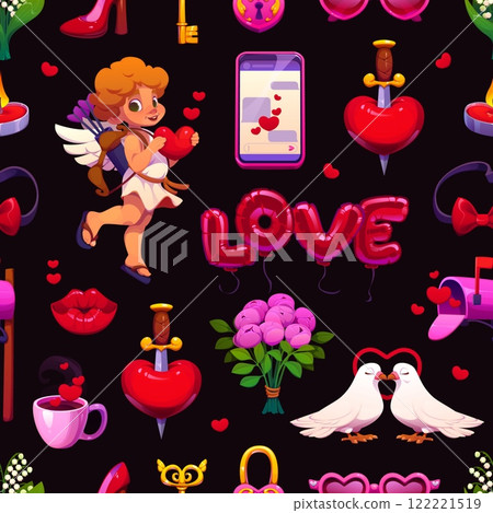 Cartoon valentines day holiday symbols seamless pattern radiates love. Vector background features cupid with a heart, balloons, romantic gifts, flowers, and love letters, lips, love birds and key 122221519