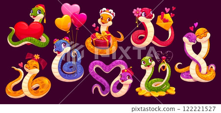 Valentines day cute funny snake characters with love and hearts and . Vector set of cartoon reptiles exude romantic festive feelings, celebrating with heart shapes, balloons, envelopes and gift box Valentines day cute funny snake characters with love and hearts and . Vector set of cartoon reptiles exude romantic festive feelings, celebrating with heart shapes, balloons, envelopes and gift box 122221527