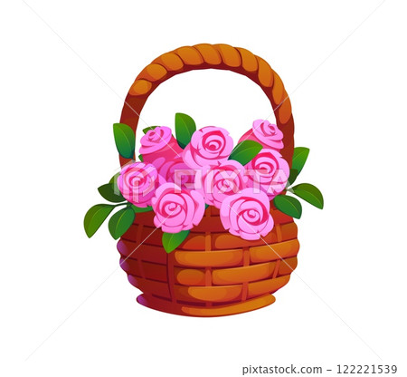 Wedding marriage and Valentine day roses basket. Saint Valentine love day gift, spring flowers in wicker basket. Fresh pink roses cartoon vector isolated bouquet or romance holiday garden plants Wedding marriage and Valentine day roses basket. Saint Valentine love day gift, spring flowers in wicker basket. Fresh pink roses cartoon vector isolated bouquet or romance holiday garden plants 122221539