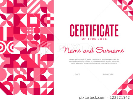 Certificate template with valentines day geometric patterns. Vector certificate of appreciation with abstract pink and red shapes. Diploma for corporate, educational, or special recognition events Certificate template with valentines day geometric patterns. Vector certificate of appreciation with abstract pink and red shapes. Diploma for corporate, educational, or special recognition events 122221542