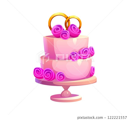 Wedding cake with golden rings for Valentine day or marriage, vector cartoon love symbol. Wedding cake with pink roses of cream or caramel on tray plate, romantic sweet dessert for Valentine day Wedding cake with golden rings for Valentine day or marriage, vector cartoon love symbol. Wedding cake with pink roses of cream or caramel on tray plate, romantic sweet dessert for Valentine day 122221557