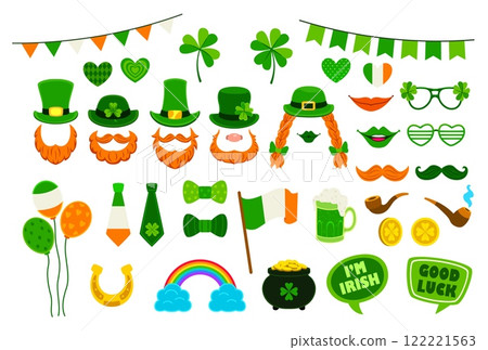 St Patrick day photo booth, Irish holiday party photobooth and stickers. Vector leprechaun hats, orange beards, shamrocks, Irish flags, balloons, rainbows, gold coins, green beer mugs and horseshoes 122221563