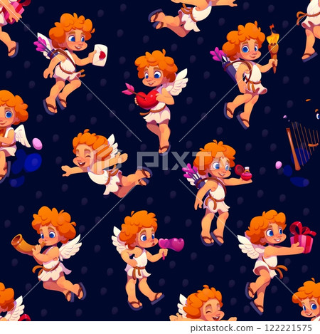 Valentine cherub and angel characters seamless pattern with adorable cupids with curly hair, dressed in traditional angelic attire, holding love themed objects like heart, arrow, ring, gift and torch Valentine cherub and angel characters seamless pattern with adorable cupids with curly hair, dressed in traditional angelic attire, holding love themed objects like heart, arrow, ring, gift and torch 122221575