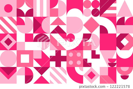 Valentines day background with geometric shapes. Vector romantic modular tile, repeating pattern in shades of white and pink, featuring abstract symmetrical figures with 80s retro aesthetics 122221578