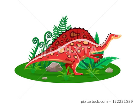 Ouranosaurus prehistoric dinosaur cartoon character. Isolated vector sail-backed friendly herbivore reptile animal in natural environment with greenery and rock. Early Cretaceous ancient era lizard Ouranosaurus prehistoric dinosaur cartoon character. Isolated vector sail-backed friendly herbivore reptile animal in natural environment with greenery and rock. Early Cretaceous ancient era lizard 122221589