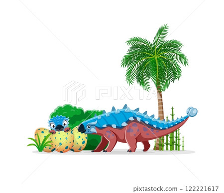 Prehistoric ankylosaurus mother dinosaur with kid in egg. Cartoon vector Late cretaceous era scene featuring an adult dino parent with blue spikes and a tail club, standing near nest of hatching baby 122221617
