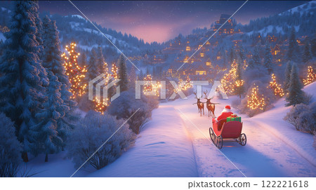 Santa rear view on sleigh in snowy winter wonderland with festive lights 122221618