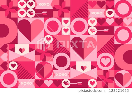 Valentines Day geometric shapes abstract background with vector pattern of pink hearts, Cupid arrows and flowers, love letters and gift boxes. Valentines Day love holiday geometric shapes background 122221633