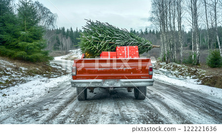 Red car truck hauling christmas tree and gifts in snowy winter forest road scene 122221636