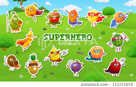 Stickers pack of superhero fruit cartoon character. Flying superhero or warrior with spear and bow tropical fruits vector personages stickers set with pear, orange, apple and, mango, pineapple, banana 122221659