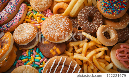 Assorted fast food and snacks, burgers, doughnuts, fries and sweets 122221679