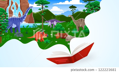 Opened kids book with prehistoric dinosaurs near waterfall landscape, vector poster. Cartoon Jurassic dinosaurs, reptiles and lizards with opened book for kids dino park, museum or encyclopedia atlas 122221681