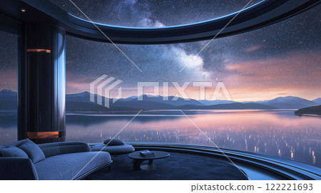 Luxury futuristic lounge with panoramic view of starry night and serene lake 122221693