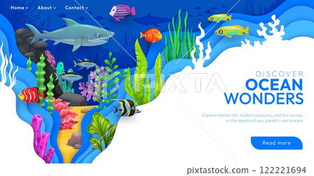 Paper cut landing page template with cartoon underwater landscape featuring diverse marine life including fish, coral, and a shark. Vector web banner captures the beauty and mystery of the ocean depth Paper cut landing page template with cartoon underwater landscape featuring diverse marine life including fish, coral, and a shark. Vector web banner captures the beauty and mystery of the ocean depth 122221694