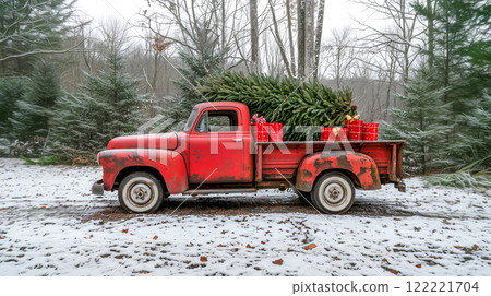 Vintage red truck delivers christmas tree and gifts through snowy forest Vintage red truck delivers christmas tree and gifts through snowy forest 122221704