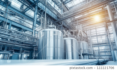 Modern industrial factory with advanced stainless steel equipment and complex piping system 122221706