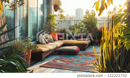 Cozy urban balcony oasis with lush greenery and vibrant textiles at sunset 122221732