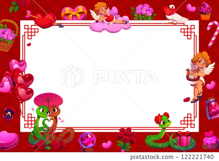 Valentine day greeting card with snakes and cupid cherubs, vector love holiday banner. Valentine Day blank background with frame of funny snakes in love with heart balloons and angels on pink clouds Valentine day greeting card with snakes and cupid cherubs, vector love holiday banner. Valentine Day blank background with frame of funny snakes in love with heart balloons and angels on pink clouds 122221740