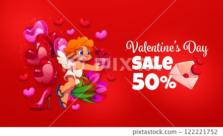 Valentine Day sale banner with cherub cupid character and hearts, vector shopping ad poster. Valentine day sale and love holiday discount promo banner with heart balloons and love message envelope 122221752