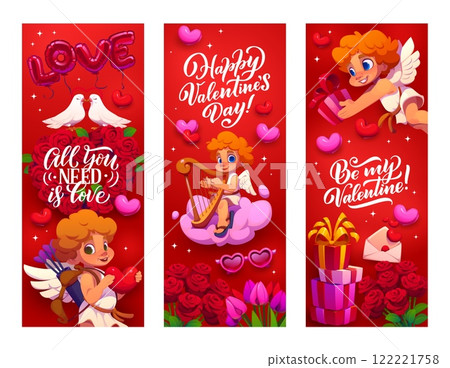 Valentine day banners with cherubs and cupid characters for love holiday, vector backgrounds. Valentine day greeting banners with love quotes, hearts and roses flowers and love balloons with gifts 122221758