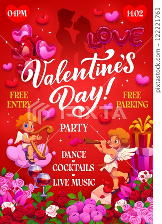 Valentines day party flyer, vector invitation poster featuring cherubs playing music, roses, balloons, gifts, romantic elements, hearts, flowers and silhouettes of a couple on festive red background 122221761