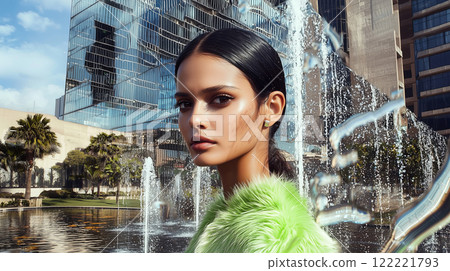 Indian woman in green coat posing by modern glass architecture and fountain 122221793