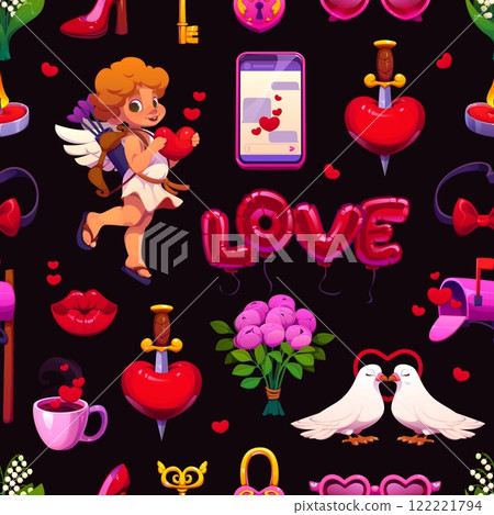 Cartoon valentines day holiday symbols seamless pattern radiates love. Vector background features cupid with a heart, balloons, romantic gifts, flowers, and love letters, lips, love birds and key 122221794