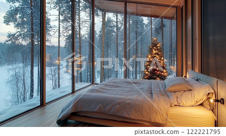 Cozy winter cabin bedroom with panoramic window overlooking snowy forest and christmas tree 122221795