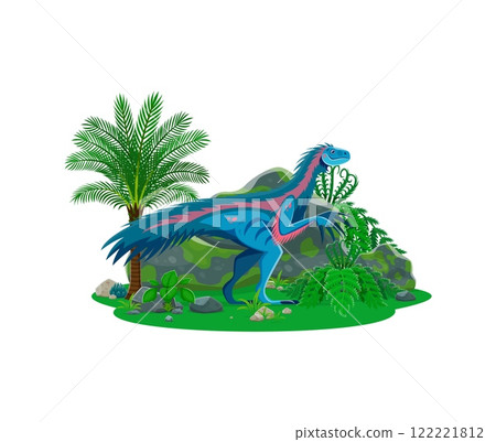 Extinct Therizinosaurus dinosaur cute character. Prehistoric reptile, Jurassic era animal or paleontology lizard funny cartoon vector personage. Extinct dinosaur with feathers isolated character 122221812
