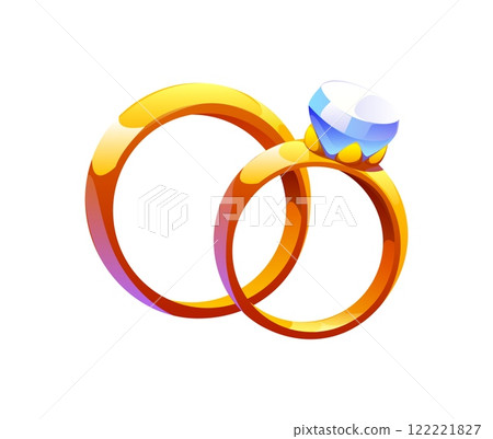 Valentine day love symbol, wedding golden rings for marriage, cartoon vector. Wedding rings with diamond jewel gem for bride and bridegroom marriage or engagement and Valentine day love symbol Valentine day love symbol, wedding golden rings for marriage, cartoon vector. Wedding rings with diamond jewel gem for bride and bridegroom marriage or engagement and Valentine day love symbol 122221827