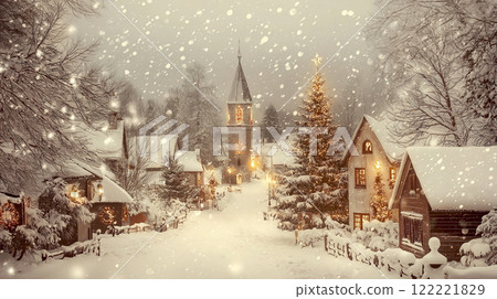 Cozy winter village scene with snowfall and festive lights 122221829