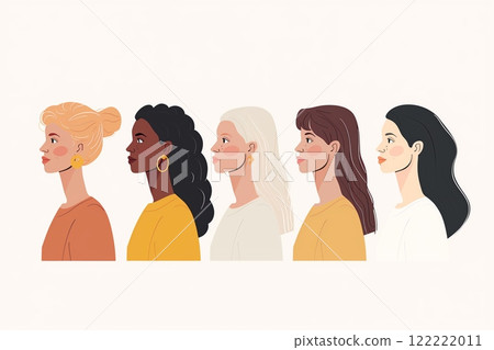 Diverse women portraits highlighting different hairstyles and skin tones in a seamless line-up 122222011