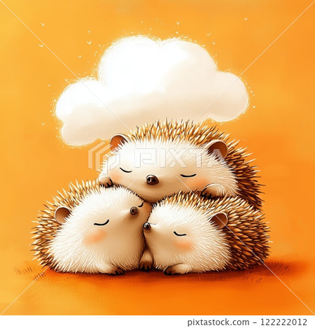 Hedgehogs cuddling together under a whimsical cloud in a warm orange setting 122222012