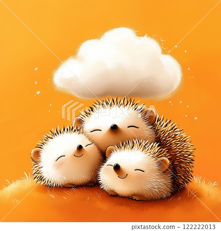 Cute hedgehogs huddling together under a fluffy cloud on a bright orange background 122222013