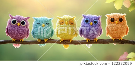 Colorful knitted owls perched on a branch in soft morning light 122222099