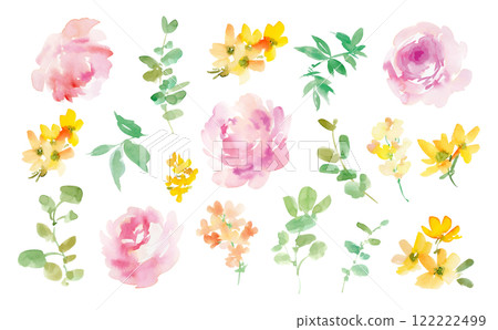 Vector illustration set of abstract pink roses, yellow flowers painted in watercolor 122222499