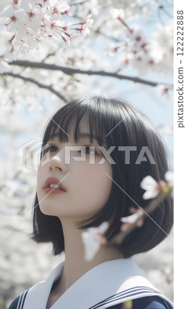 Cherry blossom trees and female students, entrance and graduation image 122222888