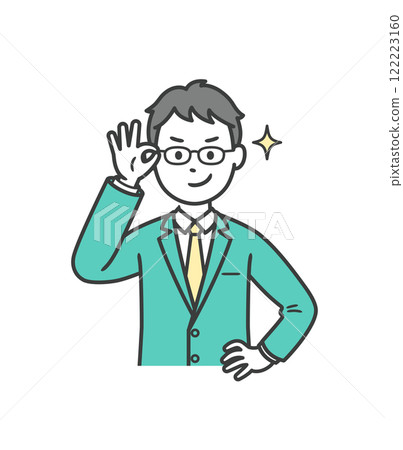 一名男學生舉起眼鏡，咧嘴一笑，表現出自信。 122223160