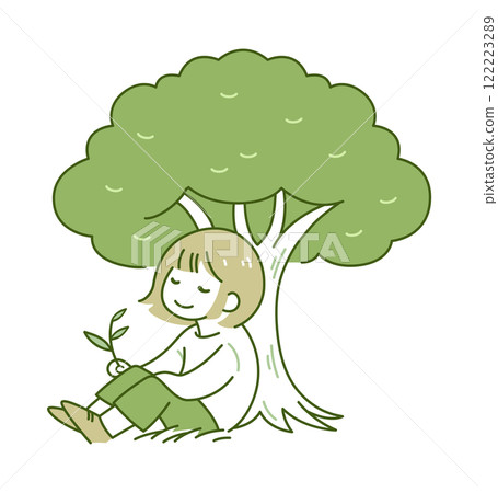 坐在樹下放鬆的女人插畫素材_Green 122223289